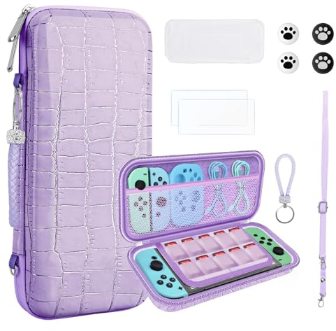 JYPS Housse de Transport pour Nintendo Switch OLED, Nouveau Crocodile Texture Pochette de Étui avec Poignée pour Accessoires & Switch Console, Coque de Protection Portable Rigide pour Filles (Violet)