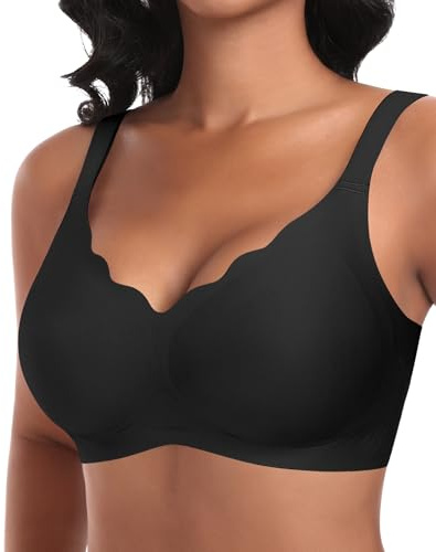 Damen Nahtloser BH Ohne Bügel Tiefem V-Ausschnitt gewellte Ränder Push Up BH Bralette Soft Bequem BHs Bügellos Bustier (Schwarz-Vordere Welle, L)