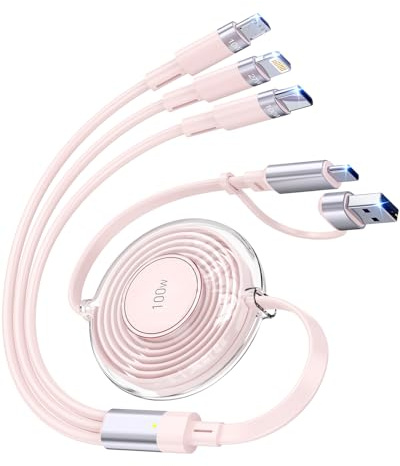 100W 5-in-1 Retractable Charging Cable, Lightn-ing/Micro USB/Type C Multi Charger Cord for iPhones, iPads, MacBook, Tablets, Galaxy, Note & More - 4Ft/1.2M 5A Fast Charging, Durable & Portable, Pink
