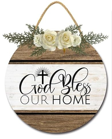 Geroclonup Letrero con texto en inglés «God Bless This Home» para puerta delantera, porche, rústico, redondo, de madera, decoración de pared para decoración del hogar