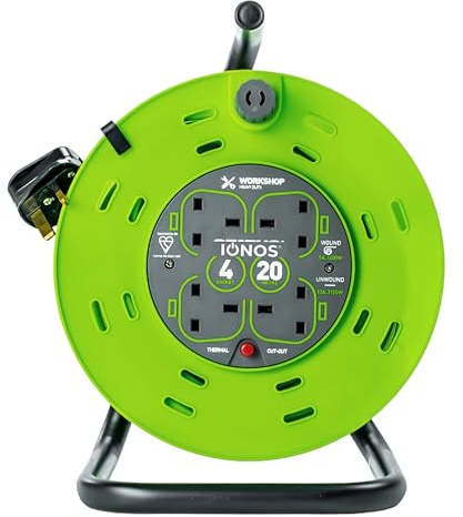 IONOS 4 Socket Cable Reel, 20m, Green, 13 Amp (ION20M13ACR2)