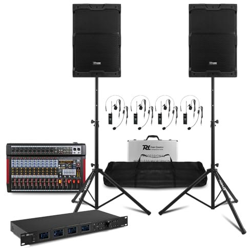 Power Dynamics Professional PA System with 2x 12 Active Speakers, 12-Channel Mixer, Wireless Headset & Lapel Microphones for Live Events, Touring, Presentations