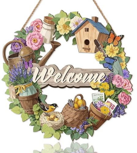 ANHUIB Bunte Blumen Willkommen Schild Herzlich Willkommen Türschilder Holz Deko Garten Haustür Wohnzimmer Hängend