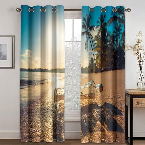 Mesnt Window Curtains 90 Inch Long, Polyester Fabric Sunshine Beach Drift Bottle Window Curtain Light Blocking Thermal Insulated, Brown Green, 2 Panels W84 x L90