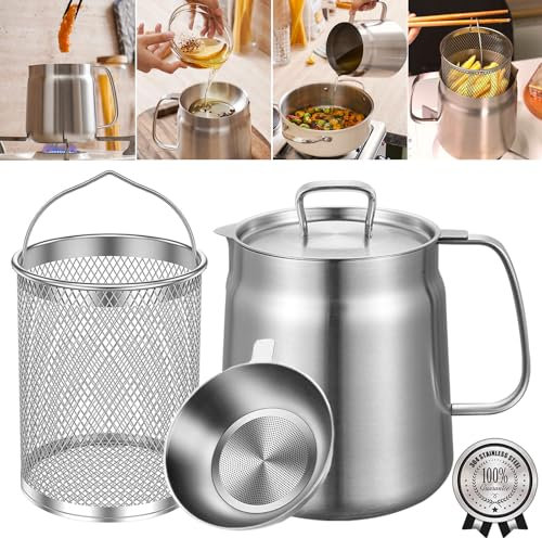 HOMKULA 2-in-1 304 Stainless Steel Multifunctional Deep Fryer Pot with Basket & Strainer, Large Capacity Oil Filter Pot, Bacon Grease Container with Steel Pour for Kitchen, Camping, Cooking (68oz/2L)