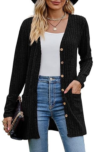 Couawaticy summer jackets for women uk Women's Long Sleeve Ribbed Cardigans for Women, Light Fall Winter Outwear Open Front V Neck Sweater Cardigans with Pockets S-XXL Black M