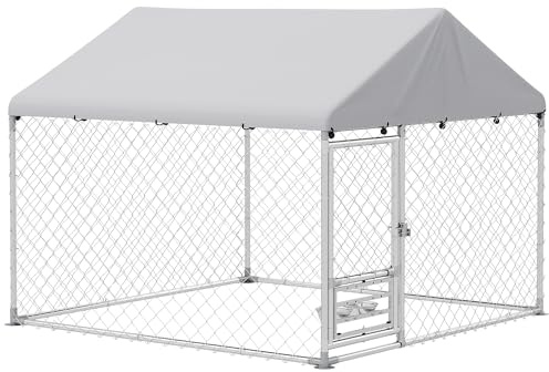 PawHut Perrera de Exterior con Techo 2x2x1,55 m Jaula para Perros de Acero Galvanizado con Techo Impermeable Soporte para Comida Giratorio y Ajustable 2 Cuencos para Perros Medianos y Pequeños