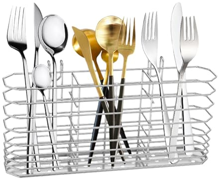 Genérico Organizador De Cubiertos,Cesta Organizadora para Cubiertos Colgable Fabricada en Acero Inoxidable - Rack Secado Cubertería Para Encimera De Cocina Buffet Picnic