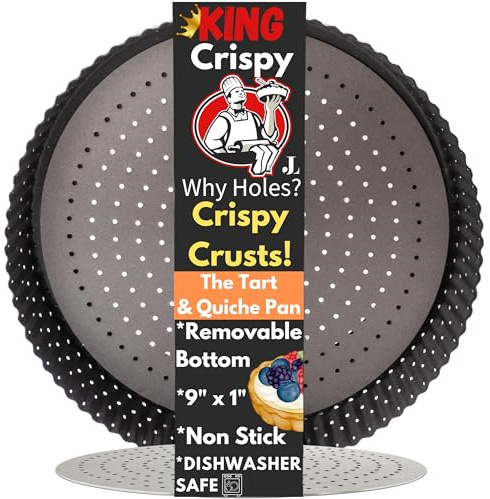 Jean Lemond Why Holes: For The Crispiest Crusts. King Crispy's Tart & Quiche Pan. A Non-Stick, Removable Bottom, Dishwasher Safe, Perforated Fruit Tart Baking Tin (9 Inch X 1.25 Inch Shallow)