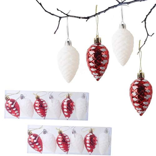 HERZWILD 12pcs Christbaumschmuck Zapfen zum Aufhängen Kunststoff Deko Tannenzapfen Anhänger für den Weihnachtsbaum (weiß rot-C)