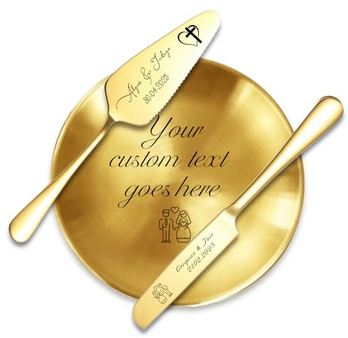 RSQGT Personalized Wedding Cake Knife Server Set 5 Pcs Stainless Steel Cake Cutting Knifes, Elegant Bridal Pastry Cake Cutter Customize Gifts for Wedding Anniversary Birthday (Gold 3-piece Set)
