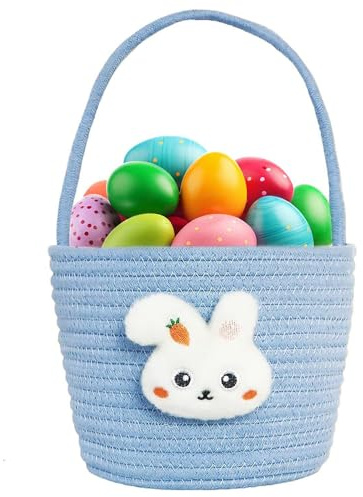 Lotvic Easter Basket, 23 x 18 x 16 cm Easter Bunny Basket with Handle, Decorative Woven Storage Baskets with Bunny Ornament, Egg Hunt Baskets for Candy, Toys & Treats, Easter Gift Basket (Blue)