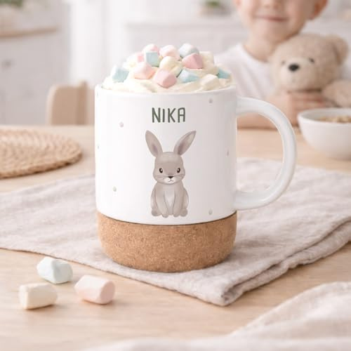 hellomini Personalisierte Tasse mit Korkboden für Kinder, Kindertasse mit Wunschdruck, Kinderbecher mit Namen, Geschenk zum Geburtstag, (Hase)