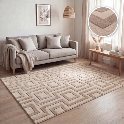 Paco Home Tappeto a pelo corto per soggiorno, motivi geometrici astratti moderni, effetto 3D, stile scandi classico, tinta unita Beige, Dimensione:160x220 cm