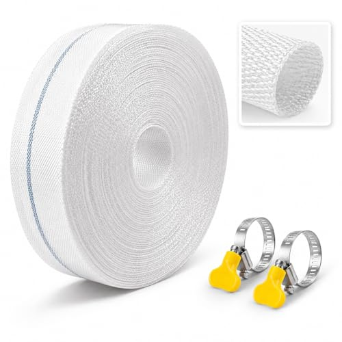 Tygslang 10 m x 32 mm, platt slang avloppsslang för dränkbar pump, robust industrislang och bevattningsslang, pumpslang med 2 klämmor för pool, damm och trädgård
