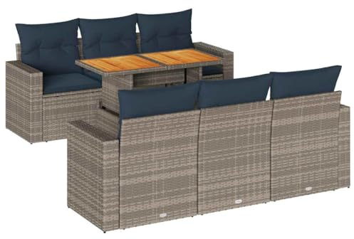 GeenYuu 7-TLG. Garten-Sofagarnitur mit Kissen Grau Poly Rattan, wetterfestes Lounge-Set mit Stauraum, verstellbarem Tisch, pulverbeschichtetem Metallgestell