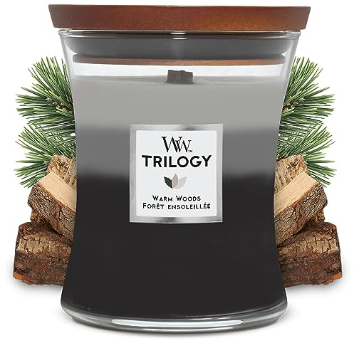 WoodWick Mittelgroße Trilogy-Duftkerze im Sanduhrglas mit knisterndem Docht | Warm Woods | Brenndauer bis zu 60 Stunden