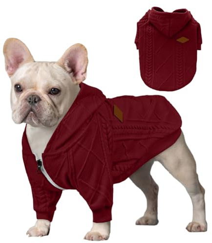 meioro Hundepullover mit Reißverschluss und Kapuze, für Hunde, Katzen, niedlich, warm, mit Kapuze, Winter, warm, Welpen, französische Bulldogge, Mops (Größe L, Rot)
