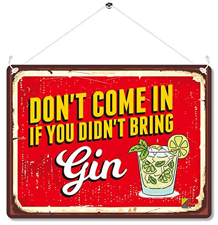 Kruzroyal Funny Gin Metal Wall Sign, Don't Come In Without Gin Novelty Plaque Gift, Humorous Retro Vintage Tin Decor for Home Bar or Pub, 20x15cm with Hanging String