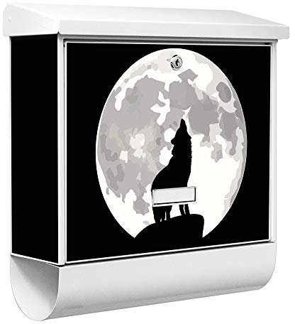 banjado® Burgwächter Briefkasten Weiß 38x39x12cm mit Motiv Heulender Wolf2/ Briefkasten mit Zeitungsfach/Briefkasten mit Zeitungsrolle/Postkasten inkl. Montagematerial & 2 Schlüsseln