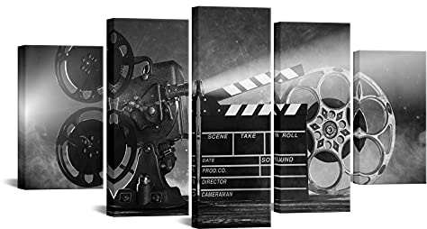 LevvArts Large 5 Piece Canvas Wall Art Classic Old Fashion Film Reels Poster Filmmaking Concept Scene Black and White Pictures for Bar Pub Home Movie Theater Media Room Decor Ready to Hang