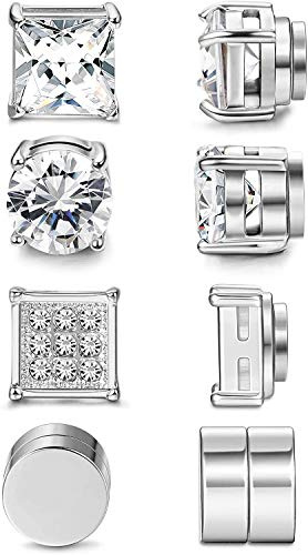 Milacolato 4 paia di Orecchini Magnetici in Acciaio Inossidabile per Uomo Donna Tono Argento CZ Non Piercing Clip su Orecchini Set 6-8 mm
