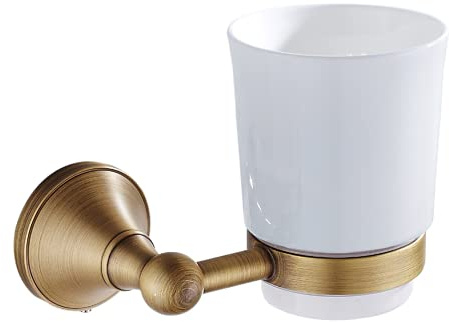Antik Messing Gebürstete Zahnbürstenhalter Bad Retro Zahnbürste Becherhalter Wandbehang Keramik Einzelnetasse Badezimmer Zubehör
