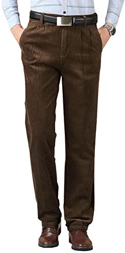 Kinghua Herren-Cordhose, leger, gerades Bein, plissiert, aus Cord, braun, 42W / 32L