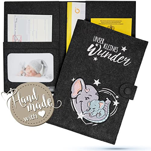 Emadele U-Heft Schutzhülle Elefant 'Unser Kleines Wunder' aus Filz Handmade. Kinder-Untersuchungsheft Hülle für Impfpass