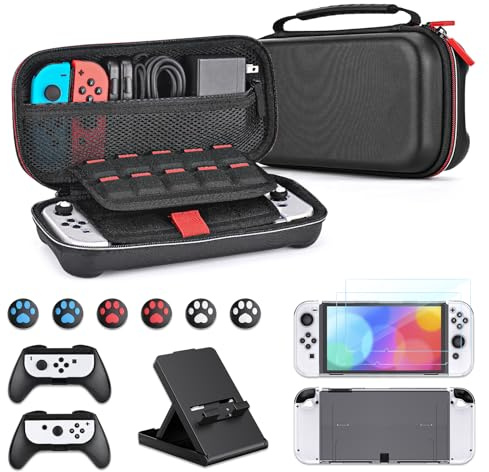 Younik Switch OLED Accessoires Bundle, 15 en 1 Kit d'accessoires, étui de Transport Switch, 29 emplacements pour Cartes, Support réglable,2 protecteurs d'écran 2 poignées et boîte de Protection en TPU