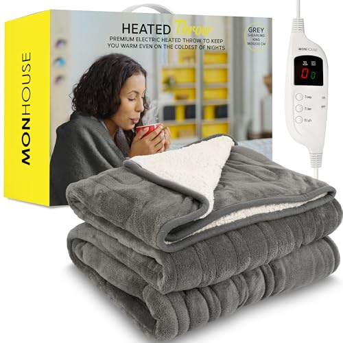 MONHOUSE 180X200 cm Soft Electric Blanket King Size - Sherpa Fleece Heated Throw With Digital Controller - Machine Washable Bed Throw, Timer up to 9 hours, 9 Heat Settings, Auto Shutoff - GREY Sherpa