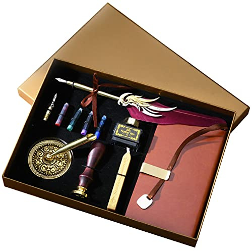 JasCherry Kit di Penna a Immersione e Inchiostro, Penna Piuma Vintage con Sigillo di Cera, Inchiostro e Taccuino, Penne per Calligrafia per Firma, Diario, Scrittura e Disegno