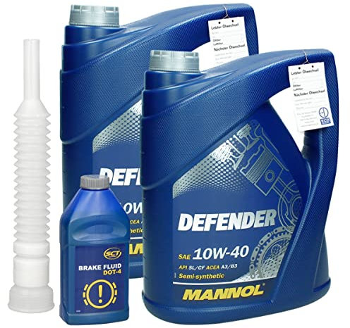 MANNOL Motoröl Defender SAE 10W-40 API SL/CF 2x 5L (10 Liter) Teilsynthetisch Motorenöl + MANNOL Bremsflüssigkeit DOT-4 Brake Fluid 0,5L inkl. Ausgießer und Ölwechselanhänger