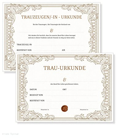 Frank Paperman | 2x Urkunde Trauzeuge + 1x Ehepaar | 3er Set | klassisches Design | Karte Hochzeit | Vordruck im DIN-A4-Format | orginelle Hochzeitsgeschenke | danke Trauzeuge | Hochzeit Überraschung