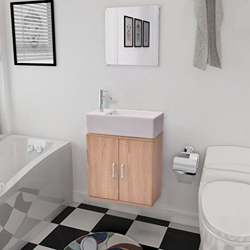 Homgoday Meubles de Salle de Bains et Lavabo Ensemble 3 pcs Beige, Évier Petite Salle De Bain, Capuchon Lavabo Salle De Bains Évier, Filtre Lavabo Salle De Bains Capuchons Évier Salle De Bains