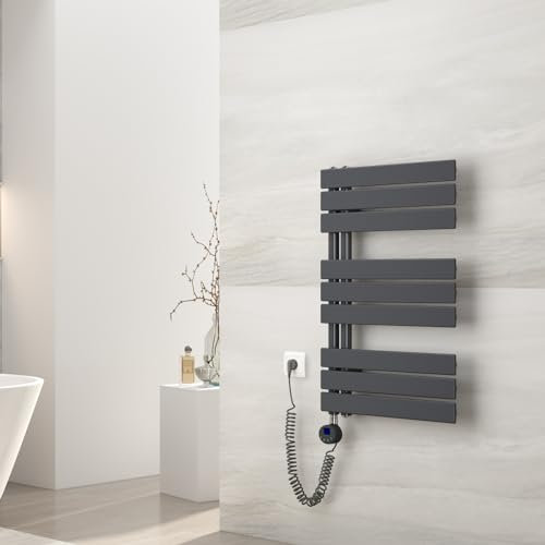 EMKE Badheizkörper Elektrisch 762x500mm, mit Thermostat 400 Watt, Flach Handtuchheizkörper Elektrisch Panel Handtuchhalter Handtuchtrokner inkl Heizstab mit timer Anthrazit