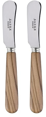 Sabre Paris | Lot de 2 Tartineurs 14 cm Lavandou couleur bois d'olivier. Couverts en Acier Inoxydable et manche en véritable bois d'olivier. Idéal pour tapenades, pâte à tartiner…