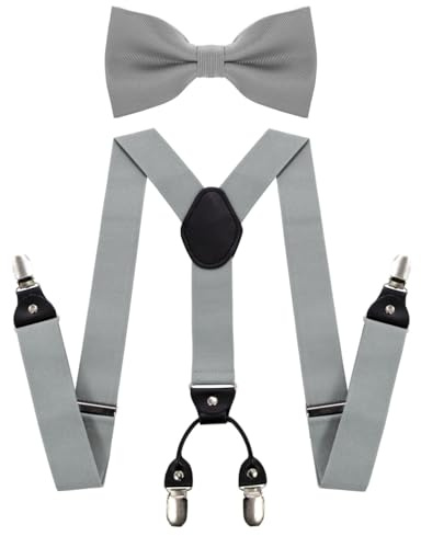JEMYGINS Bretelles pour homme avec quatre clips et bande arrière élastique avec nœud papillon, gris, M