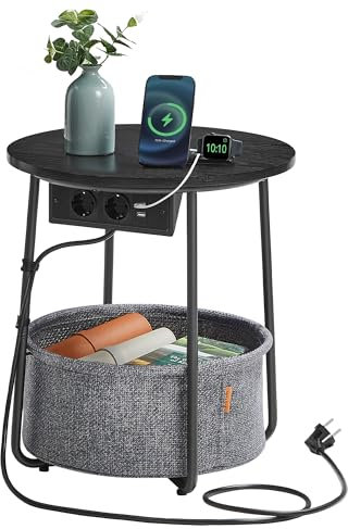 VASAGLE Beistelltisch rund, Kleiner Tisch, Couchtisch mit Steckdose, Wohnzimmertisch, Korb aus Stoff, Stauraum für Wohnzimmer Schlafzimmer, Nachttisch modern, ebenholzschwarz-schiefergrau LET228B02