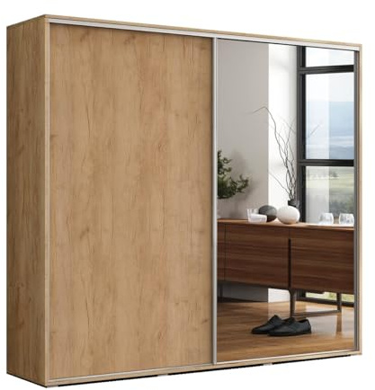 B&M Furniture Großer Kleiderschrank mit Schiebetür und Spiegel - mit Einlegeböden und Kleiderstange - für Garderobe, Schlafzimmer - Freistehend - Holzimitat Eiche Gold Craft - 200 cm B, 245 cm H