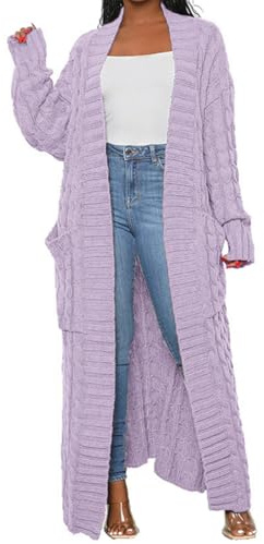 LIVECLOTH Long Cardigan Sweaters for Women Plus Size Floor Length Knitted, Stylish Cable Knit Dual Pocket Cardigan Long Plus Size (Light Purple, 2XL)