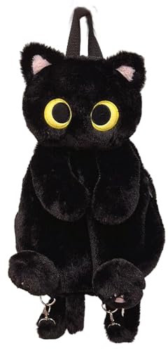 Fonowx Plüschtier Katze Rucksack, Damen Katzen Plüsch Rucksack, Niedliche Schultasche, Cute Plush Animal Cat Backpack, Plush Daypacks, Kitten Cartoon Backpack für Snack Handy Kosmetik, Schwarz