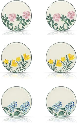 PHRYGIA Porcelain Plate Set, Set of 6, 8.3 Inch, Lightweight Ceramic Plate,Porcelain Lunch Plates,Salad Plates, Small Dinner Plate Set, Colorful Pattern Plate (21cm, Floral)