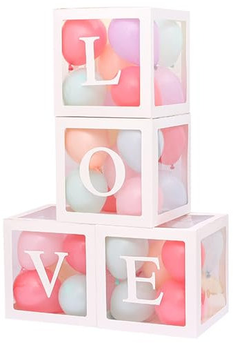 Pasdrucn 4 Stück Transparente Luftballon Boxen, Transparente Baby Ballon Box mit Buchstaben Baby für Babyparty Deko, Geburtstag, Babyshower Party, Brautparty (Love)