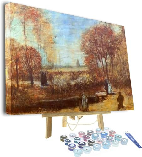 DIY Painting by Numbers for Adults,The Parsonage Garden at Nuenen with Pond and Figures by Vincent Van Gogh Framed and Easel Paint by Numbers for Adults Beginner, DIY Painting by Numbers