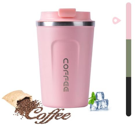 huiyoujiu Coffee Cup, 380ml Reusable Travel Mug, Leakproof Double Wall Coffee Cup, Insulation Stainless Steel Travel Office Cup for Hot Cold Coffee Tea Drinks (Pink, 380ml)