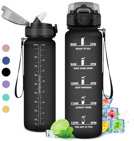 KollyKolla Vattenflaska 1 000 ml, drickflaska med tidsmarkering, drickflaska med sugrör, läckagesäker vattenflaska, kolsyra, lämplig för cykel, skola, flickor, sport