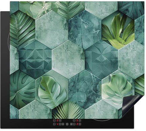 Kitchenyeah© Copri Piano Cottura Tappetino Piano Piastra Induzione Proteggi | 60x52 cm - Induzione Copri Fornelli Protezione Di Cottura Antigraffio Copripiano Cucina Verde - Forme - Foglie