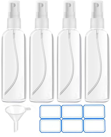 DTDNZKN 4-pack 100 ml (3,4 oz) små sprayflaskor, TSA-godkända reseflaskor för toalettartiklar med etiketter – fin dimma, påfyllningsbara, återanvändbara, läckagesäkra