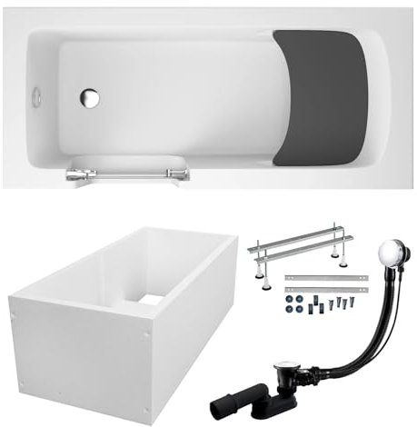BADLAND Premium SET 6in1 Badewanne Rechteck Acryl Weiß Wanne, Seniorenbadewanne mit Glastür und Holzsitz VOVO 150x75 cm, Links mit Wannenträger, Made in EU, mit Ablaufgarnitur und Füßen